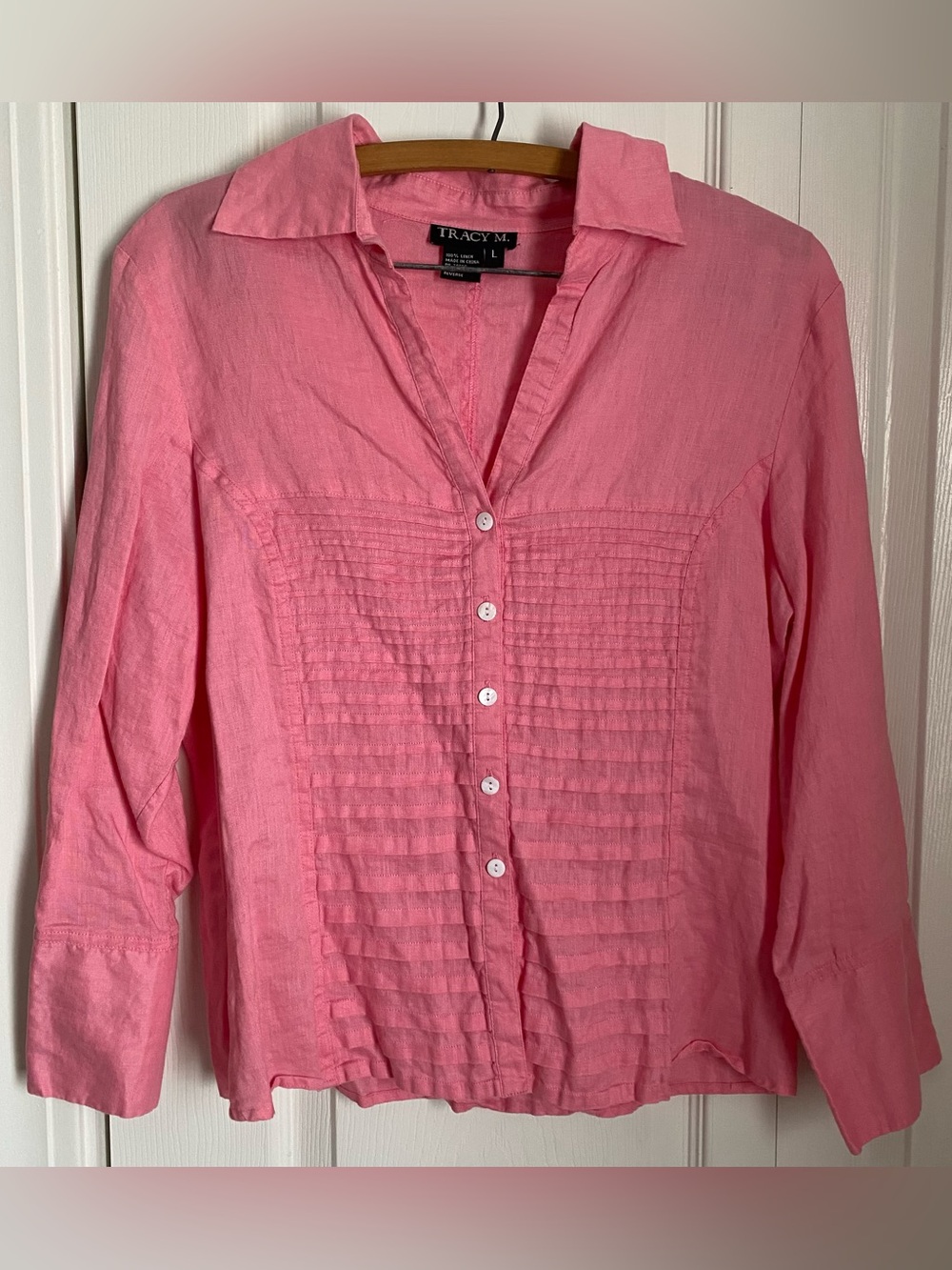 Linen Coral Button Up Pintuck Pleated Collard Blouse L Summer Travel Lightweight